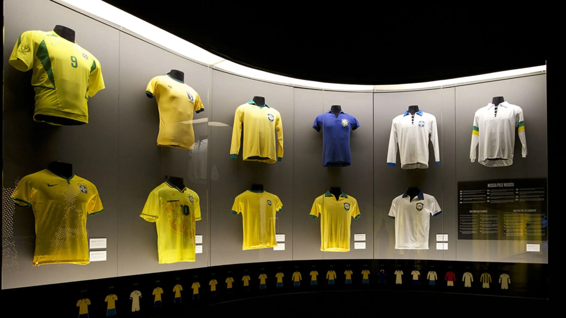 Una imagen que muestra la historia de los colores de las camisetas de fútbol de la selección nacional de Brasil, que comenzó con el blanco y luego cambió al amarillo y lo usa desde entonces.